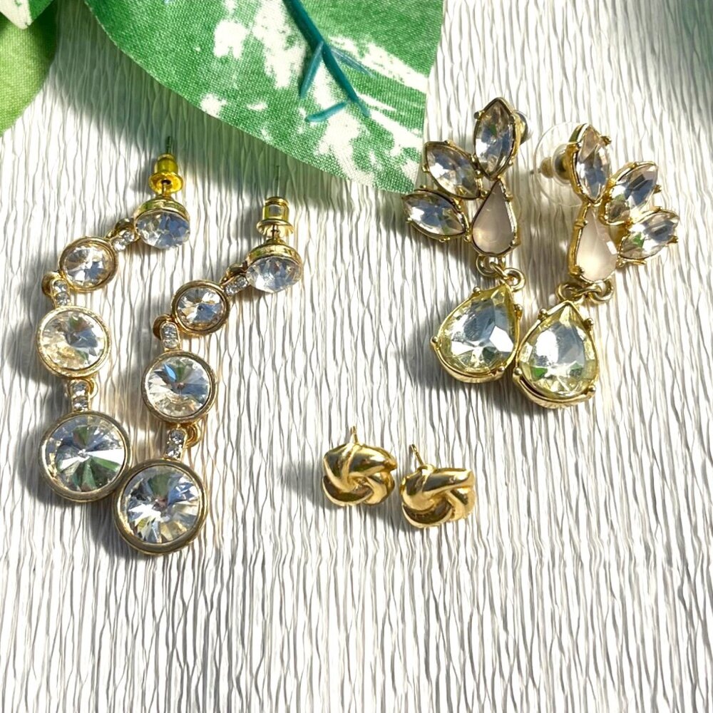 Pierced earrings, rhinestone dangle earrings, gold studs, post  3pr. incld. (###